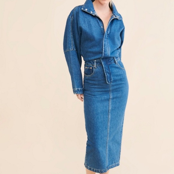 NWT Ronny Kobo Sebastian Denim Point Collar Neck Long Dolman Sleeve Midi Dress - Picture 3 of 10